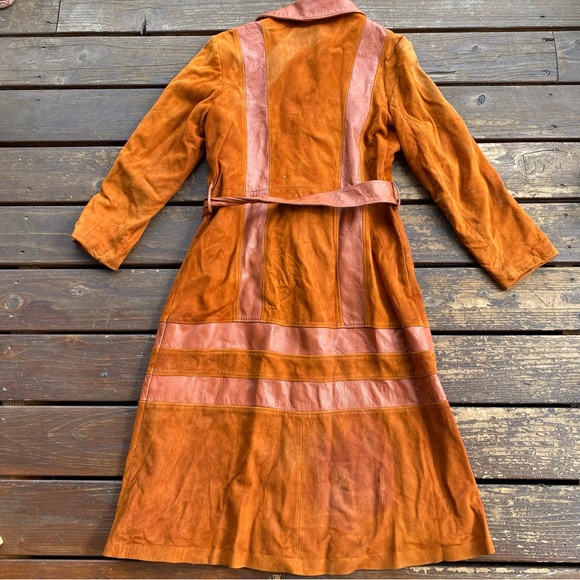 Vintage leather suede longline coat rusty orange patchwork - Picture 4 of 8